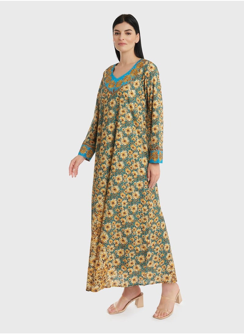 KASHKHA Cotton Floral Printed Stone Work Mukhawar Jalabiya - Image 3