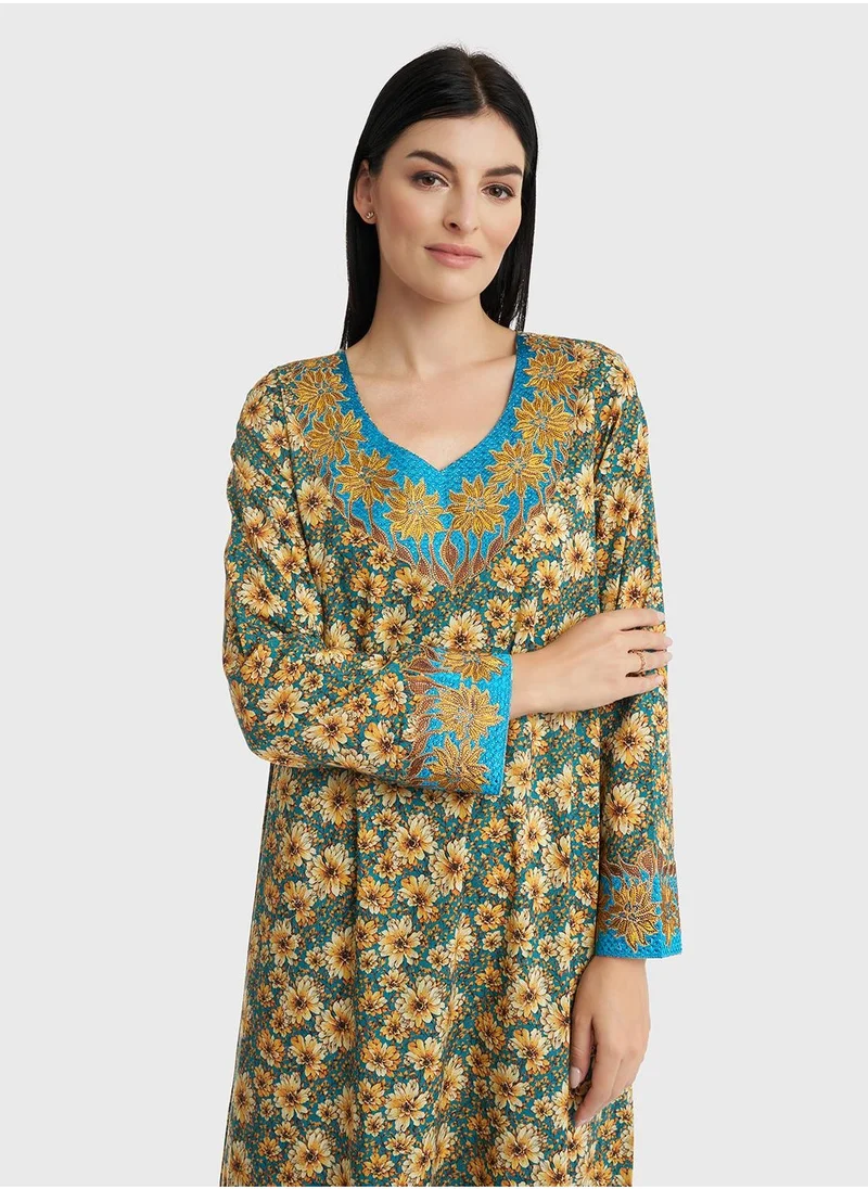 كشخة Cotton Floral Printed Stone Work Mukhawar Jalabiya