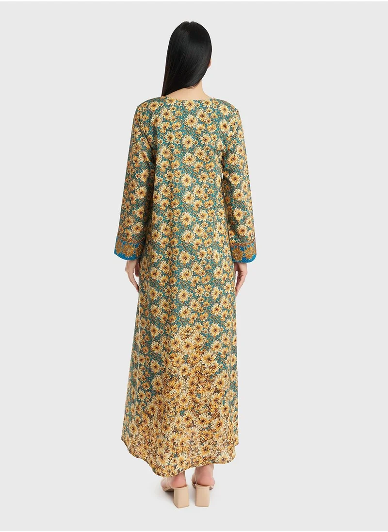 KASHKHA Cotton Floral Printed Stone Work Mukhawar Jalabiya