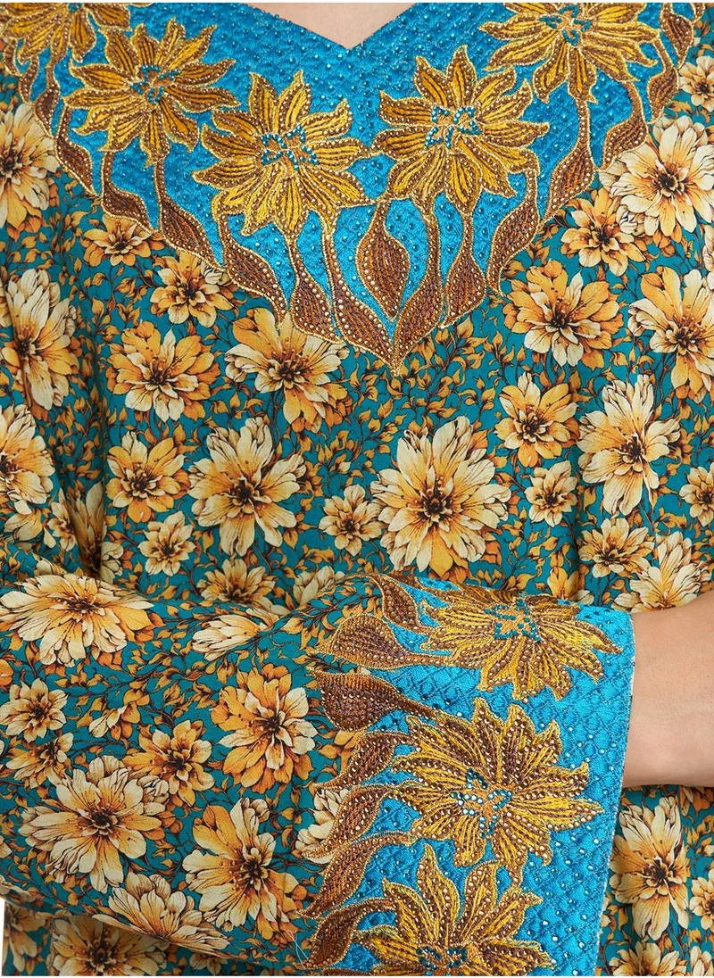KASHKHA Cotton Floral Printed Stone Work Mukhawar Jalabiya