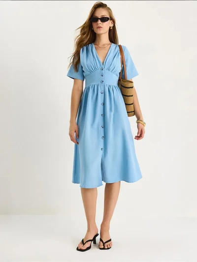 Bianco Lucci LUCCI V-neck Buttoned Midi Shirt Dress