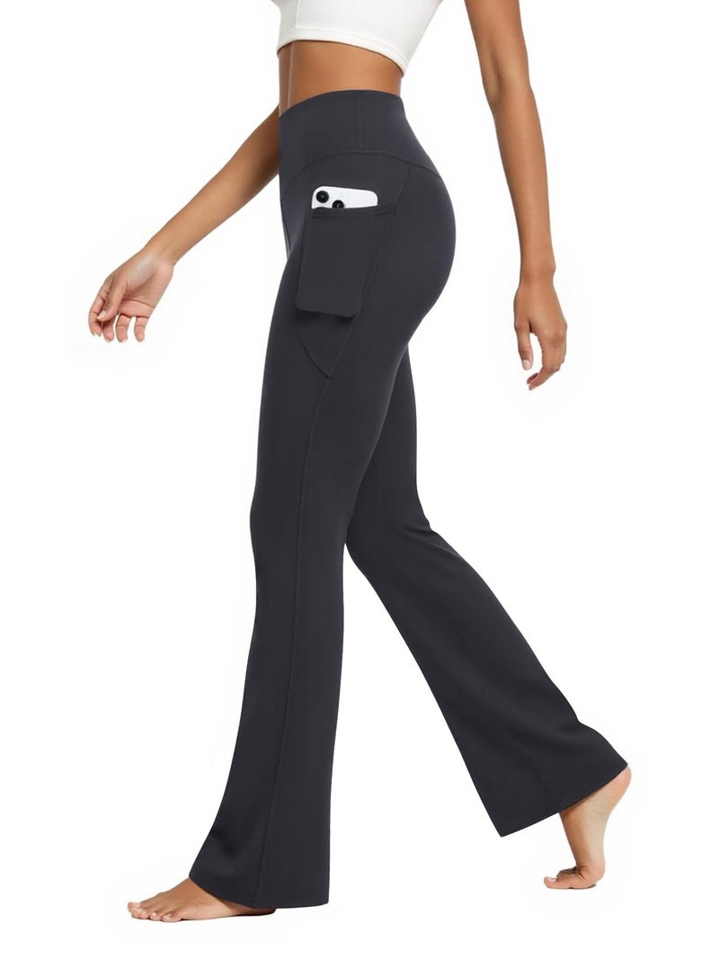 DLOODA Womens Flare Yoga Pants with Pockets High Waist Tummy Control Flared Leggings Bell Bottom Gym Workout Leggings(Deep Grey,L) - Image 1
