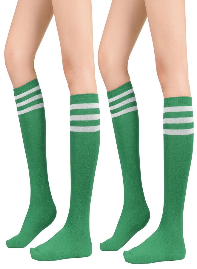 أمريكان تريندز جوارب نسائية طويلة تصل إلى الركبة من أمريكان تريندز، جوارب رياضية رفيعة تصل إلى الفخذ، جوارب أنبوبية طويلة مناسبة للأنشطة الخارجية والرياضية، عبوة من قطعتين، مخططة باللونين الأخضر والأبيض - Image 1