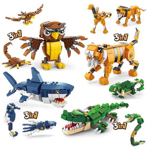HIGH GODO Creator 3 in 1 Animals Building Set, Owl, Shark, Crocodle, Tiger to Animal Figure Toys, Creative Collectible for 8-12 Boys Girls (1084 Pieces) - Image 1