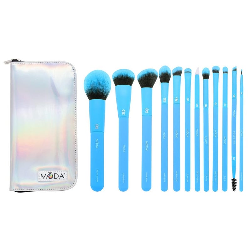 MODA Totally Electric Neon Blue Full Face Makeup Brush Kit 13pc Vibrant Brush Set for Face Eyes with Zip Case