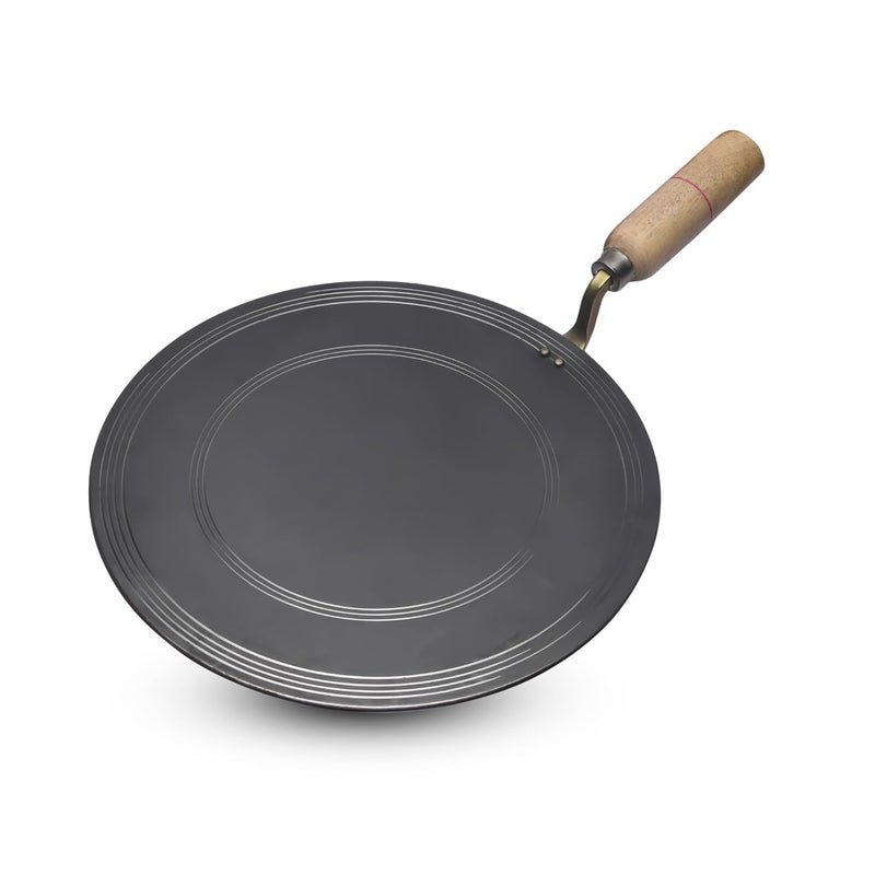 Ruby Pure Iron Strong Riveted Wooden Handle Dosa Uttapam Kallu Tawa Tava Thawa with Unique Smooth EdgesFirst Time in India Metal Spoon Friendly Dishwasher Safe Gas Stove Compatible 13 Inch 