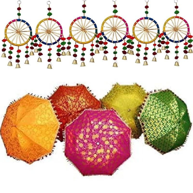 DECOFOLD DECOFOLD 5 Pcs Wedding Umbrella and 6 Colourful Hanging Chakhri Sangeet Haldi Mehendi Decor  - Image 1