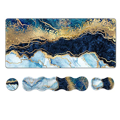 ARTSO Upgraded Extended Gaming Mouse Pad, Keyboard Wrist Rest Pad, Wrist Support Mousepad Set, Artso Large Stable Rubber Base Stitched Edges, Multifunctional Desk Pad (35 x15.5 in), Blue Marble - Image 1