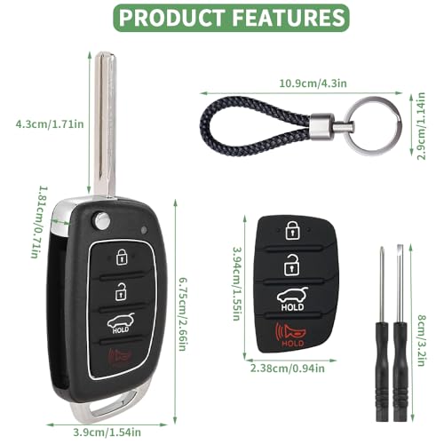 JJCHQ Key Fob Case for Hyundai Sonata Santa Fe Sport 2019 2018 2017 2016 2015 2014 2013 4 Buttons Keyless Entry Remote Control Folding Flip Car Key Fob Cover Shell Replacement with Insert Rubber Pad Keypad - Image 5