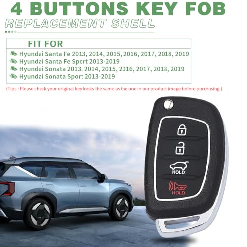 JJCHQ Key Fob Case for Hyundai Sonata Santa Fe Sport 2019 2018 2017 2016 2015 2014 2013 4 Buttons Keyless Entry Remote Control Folding Flip Car Key Fob Cover Shell Replacement with Insert Rubber Pad Keypad - Image 4