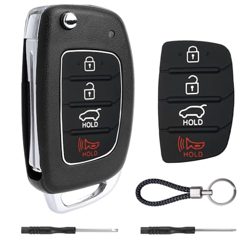 JJCHQ Key Fob Case for Hyundai Sonata Santa Fe Sport 2019 2018 2017 2016 2015 2014 2013 4 Buttons Keyless Entry Remote Control Folding Flip Car Key Fob Cover Shell Replacement with Insert Rubber Pad Keypad - Image 1