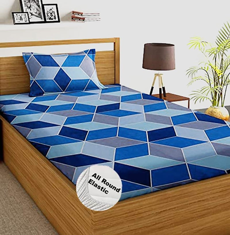 SpangleHomes Geometric 300 TC 100% Soft Glace Cotton Elastic Fitted Single Bed Bedsheet with 1 Large Pillow Cover (Single Bed 36 X72X6 inches, Blue Rectangle), queen - Image 4