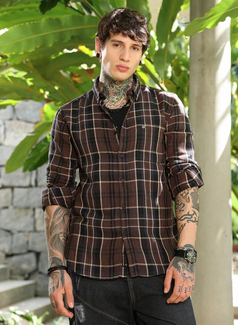 Campus Sutra Men's Chocolate Brown Tartan-Plaid Regular Shirt