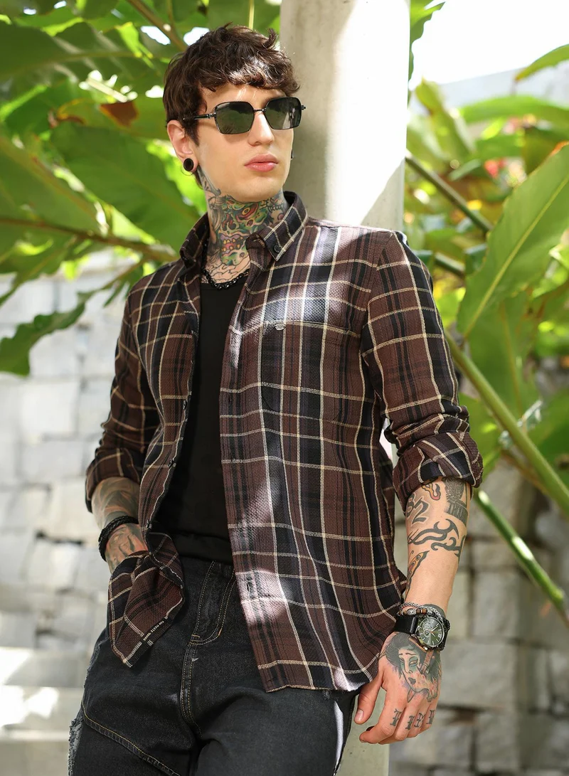 Campus Sutra Men's Chocolate Brown Tartan-Plaid Regular Shirt