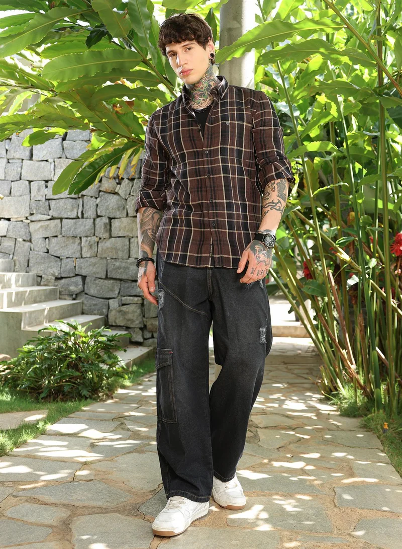 CAHOOT  Men's Chocolate Brown Tartan-Plaid Regular Shirt for Men | Best Price UAE