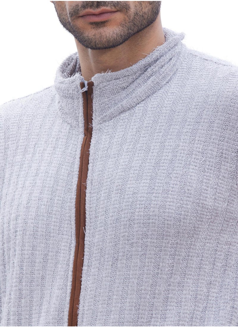 كامبوس سوترا - Men's Light Grey Self-Design Striped Knitted Jacket - Image 1