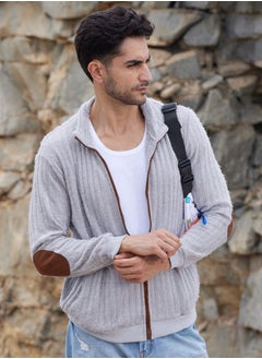 Campus Sutra Men's Light Grey Self-Design Striped Knitted Jacket  - Image 1