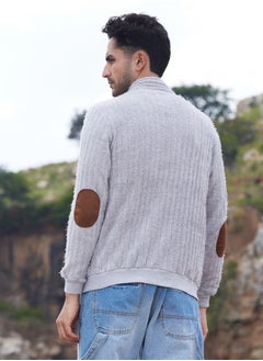 Campus Sutra Men's Light Grey Self-Design Striped Knitted Jacket  - Image 5