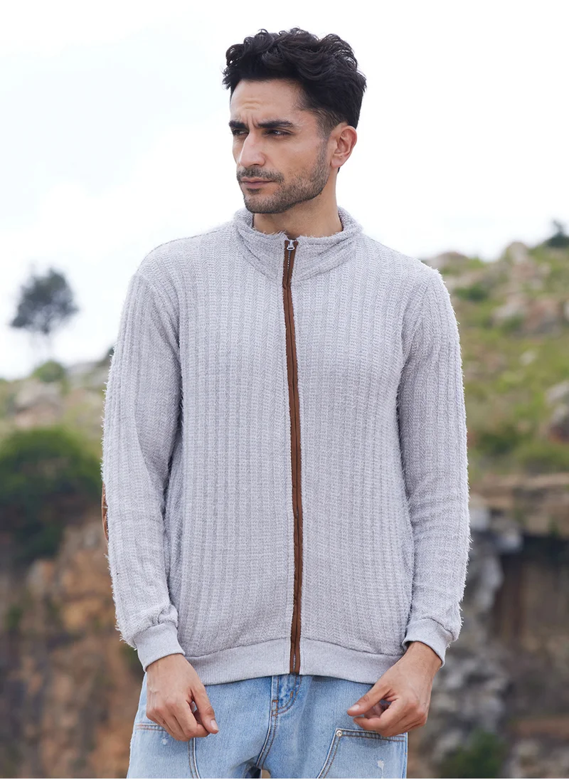 Campus Sutra Men's Light Grey Self-Design Striped Knitted Jacket