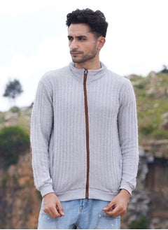 Campus Sutra Men's Light Grey Self-Design Striped Knitted Jacket  - Image 2