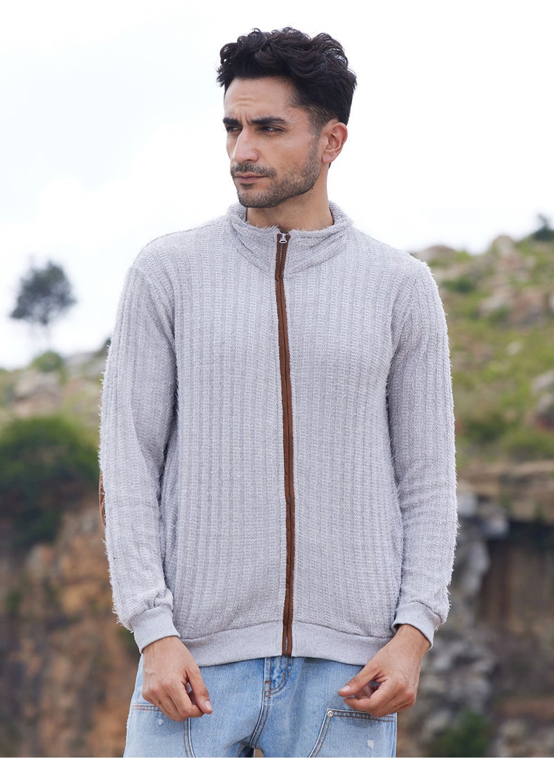 كامبوس سوترا Men's Light Grey Self-Design Striped Knitted Jacket  - Image 2