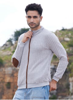 Campus Sutra Men's Light Grey Self-Design Striped Knitted Jacket  - Image 3