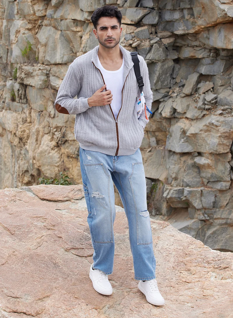 كامبوس سوترا Men's Light Grey Self-Design Striped Knitted Jacket