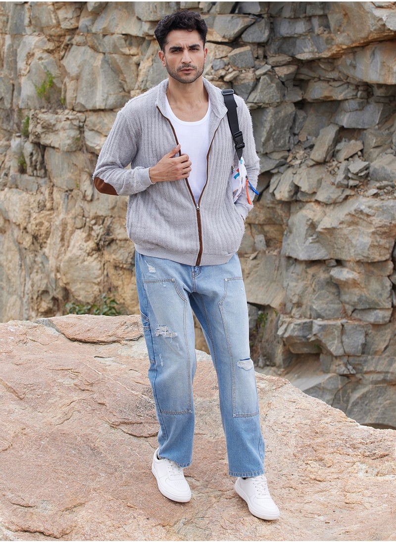 كامبوس سوترا - Men's Light Grey Self-Design Striped Knitted Jacket - Image 1