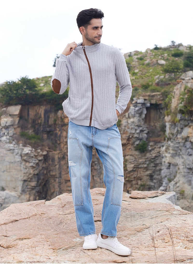 كامبوس سوترا - Men's Light Grey Self-Design Striped Knitted Jacket - Image 1