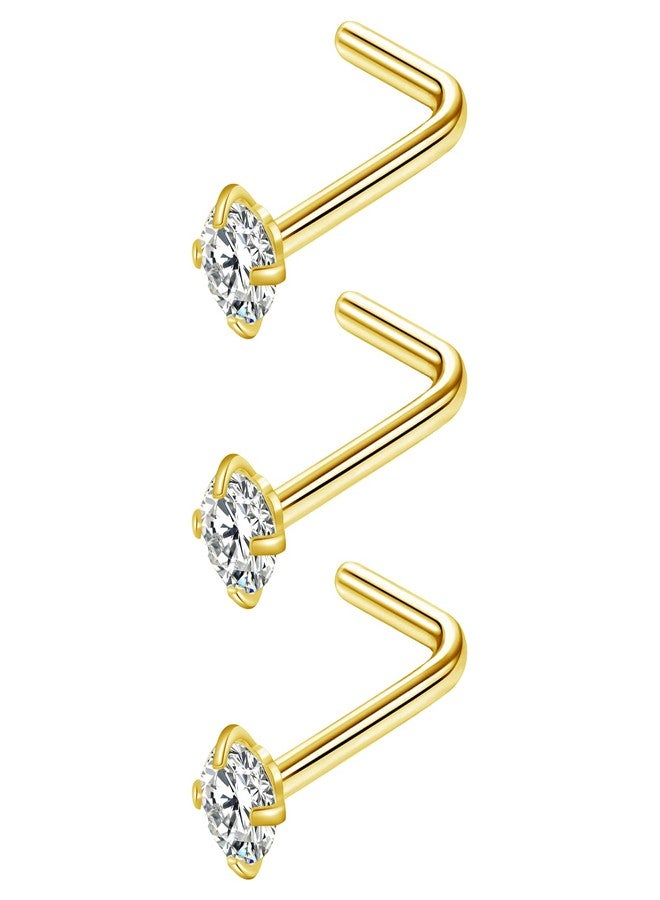 VELCARE 3 Pcs Nose Studs Nose Piercings Nose Rings L Shaped Nose Piercing Jewelry Gold 18G Nose Ring Nose Stud Nose Jewelry for Women Men Nose Rings Studs 18 Gauge Curved Shaped Real Nostril Nose Piercing Stud Stainless Steel 2mm Round Diamond CZ Yellow Gold - Image 1