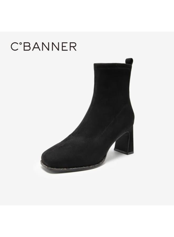 C.banner Women's Shoes, Fashion Boots, Elastic Sock Boots, Spring And Summer Style, Slim Boots, High Heels, A23535152, Black Fleece-lined, Size 37 - Image 3