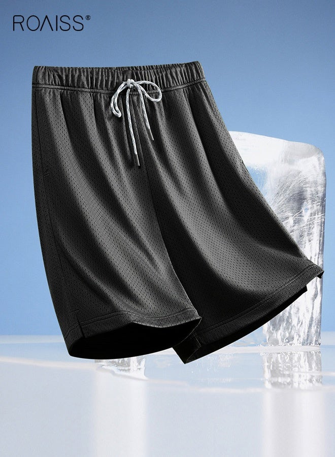 roaiss Men Mesh Shorts with Side Pockets, Comfortable Straight Leg Sport Pants for Men, Solid Short Pants with Adjustable Drawstring and Elastic Waistband, Suitable for Active Lifestyles and Casual Occasions - Image 2
