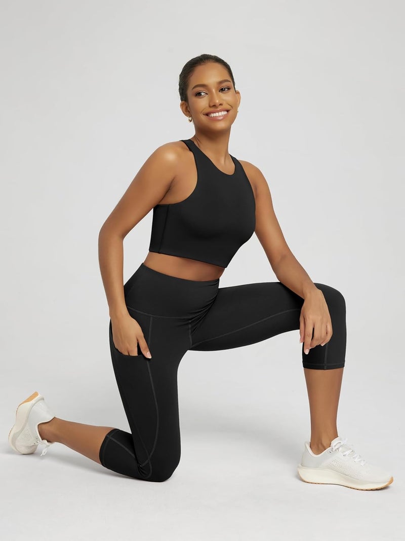 ODODOS Women's High Waisted Yoga Capris with Pockets, Tummy Control Non See Through Workout Athletic Running Capri Leggings - Image 2