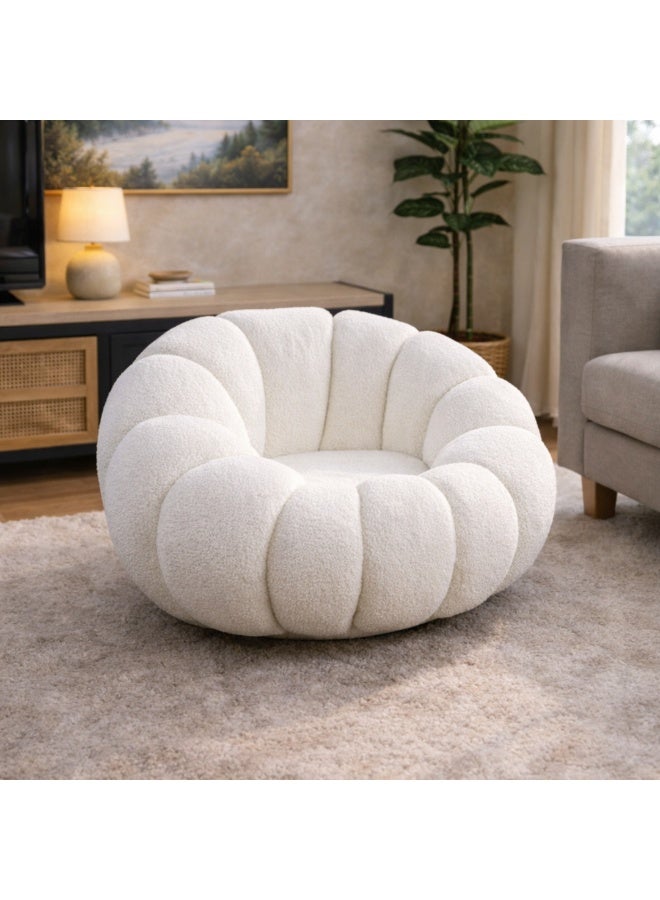 PixelsFurniture Swivel Fabric Chair with Circular Geometric Design, Bouclé Upholstery From Pixels Furniture, White - Image 1
