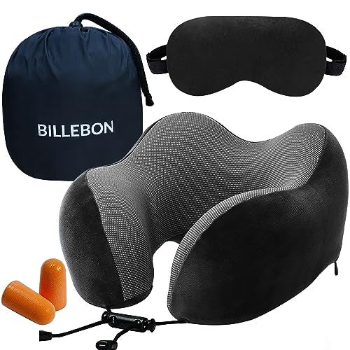 Billebon Premium Memory Foam Travel Neck Pillow Combo with Soft Eye Mask, Carry Bag, and Ear Plugs (Black with Eye Mask) - Image 1