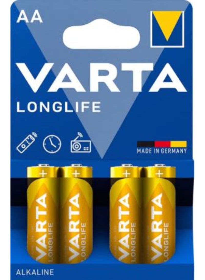 Varta Longlife AA Alkaline Battery 4-Pack- High performance, Long-lasting Batteries for Everyday Devices - Ideal for Remote Controls, Toys, Flashlights,