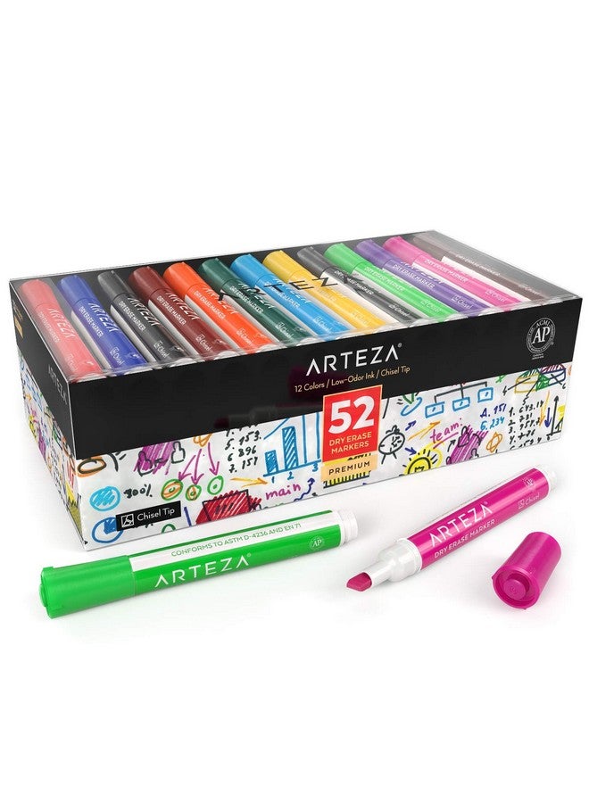 ARTEZA Dry Erase Markers Pack Of 52, Chisel Tip, 12 Assorted Colors With Low-Odor Ink, Whiteboard Pens - Image 1