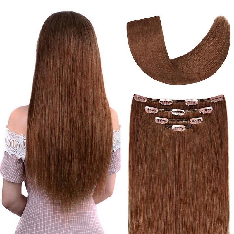 20 Clip in Hair Extensions Remy Human Hair for Women Silky Straight Long Human Hair Clip on Extensions Medium Auburn 75grams 4pieces 30 Color