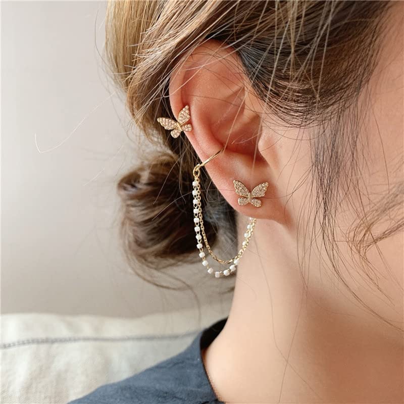 Thrillz Adorable Butterfly Ear Cuff Crawler AD Gold Plated Pearl Chain Drop Stud Earrings For Women Girls Gift For Sister - Image 2