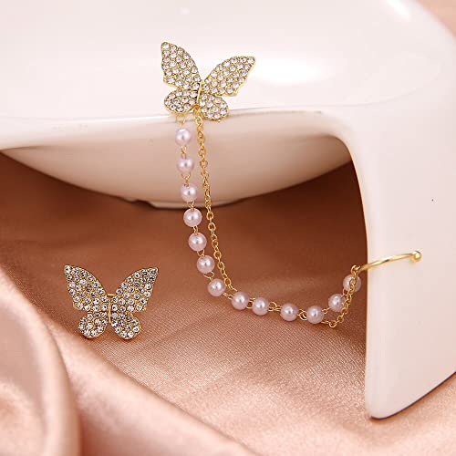 Thrillz Adorable Butterfly Ear Cuff Crawler AD Gold Plated Pearl Chain Drop Stud Earrings For Women Girls Gift For Sister - Image 4