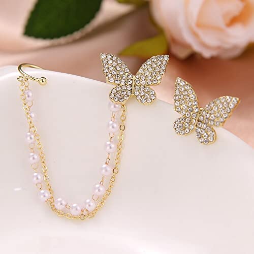 Thrillz Adorable Butterfly Ear Cuff Crawler AD Gold Plated Pearl Chain Drop Stud Earrings For Women Girls Gift For Sister - Image 5