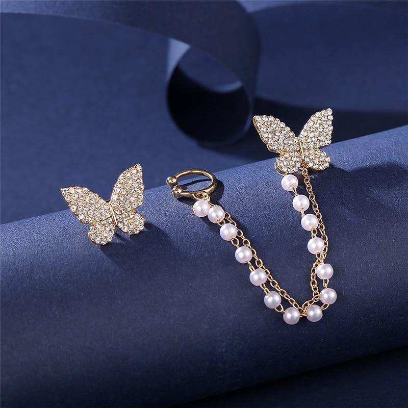 Thrillz Adorable Butterfly Ear Cuff Crawler AD Gold Plated Pearl Chain Drop Stud Earrings For Women Girls Gift For Sister - Image 3
