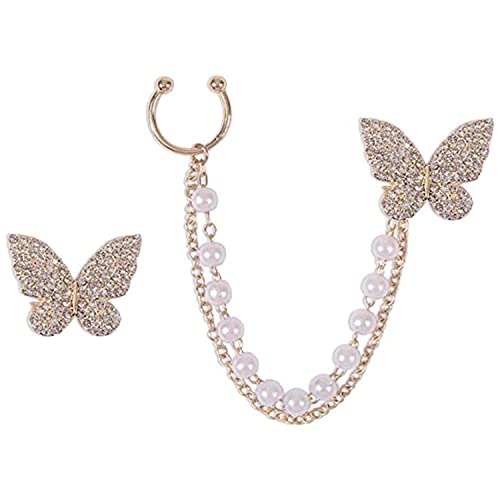 Thrillz Adorable Butterfly Ear Cuff Crawler AD Gold Plated Pearl Chain Drop Stud Earrings For Women Girls Gift For Sister - Image 1