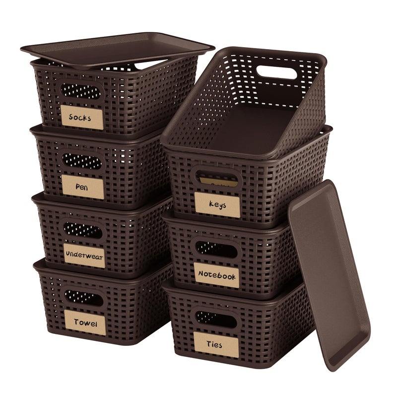 Wrrlors 8-Pack Brown Plastic Storage Baskets with Lids, Label Organizers, Stackable Organizer Containers: For Organizing Shelves, Drawers, Desk Closets, Playrooms, Classrooms, Offices - Image 1
