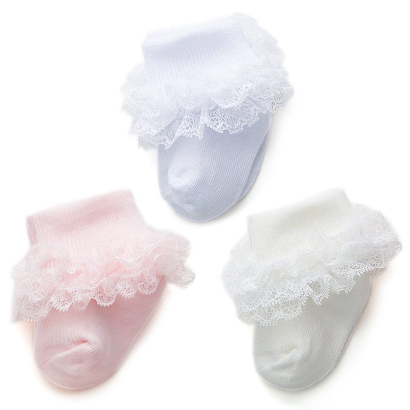 hakugoo Baby Girl Lace Ruffle Socks - 3 Pairs Turn Cuff Ankle Dress Socks for Infant (White Pink Cream, 0-3 Months) - Image 1