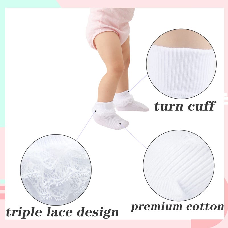 hakugoo Baby Girl Lace Ruffle Socks - 3 Pairs Turn Cuff Ankle Dress Socks for Infant (White Pink Cream, 0-3 Months) - Image 4