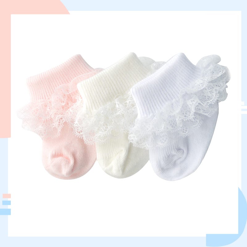 hakugoo Baby Girl Lace Ruffle Socks - 3 Pairs Turn Cuff Ankle Dress Socks for Infant (White Pink Cream, 0-3 Months) - Image 5