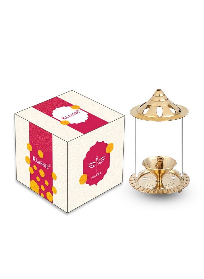 Klassic - Navjyoti 4 Inch Akhand Diya With Borosilicate Glass Shade For Mandir, Decorative Brass & Glass Oil Lamp Lantern Diya With Glass Cover For Prayers, Cylindrical Borosilicate Glass Brass Diya - Image 1