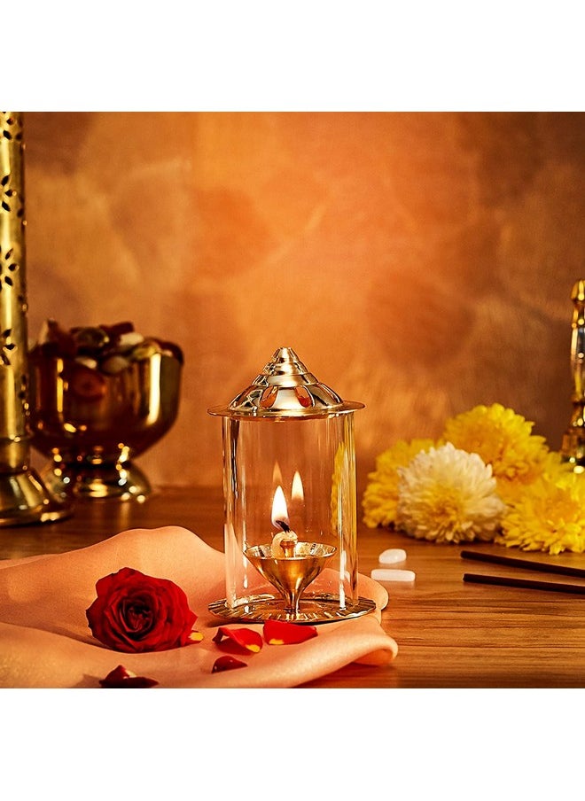 Klassic - Navjyoti 4 Inch Akhand Diya With Borosilicate Glass Shade For Mandir, Decorative Brass & Glass Oil Lamp Lantern Diya With Glass Cover For Prayers, Cylindrical Borosilicate Glass Brass Diya - Image 1
