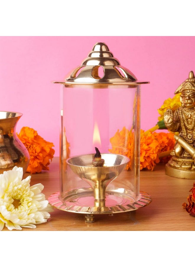Klassic - Navjyoti 4 Inch Akhand Diya With Borosilicate Glass Shade For Mandir, Decorative Brass & Glass Oil Lamp Lantern Diya With Glass Cover For Prayers, Cylindrical Borosilicate Glass Brass Diya - Image 1
